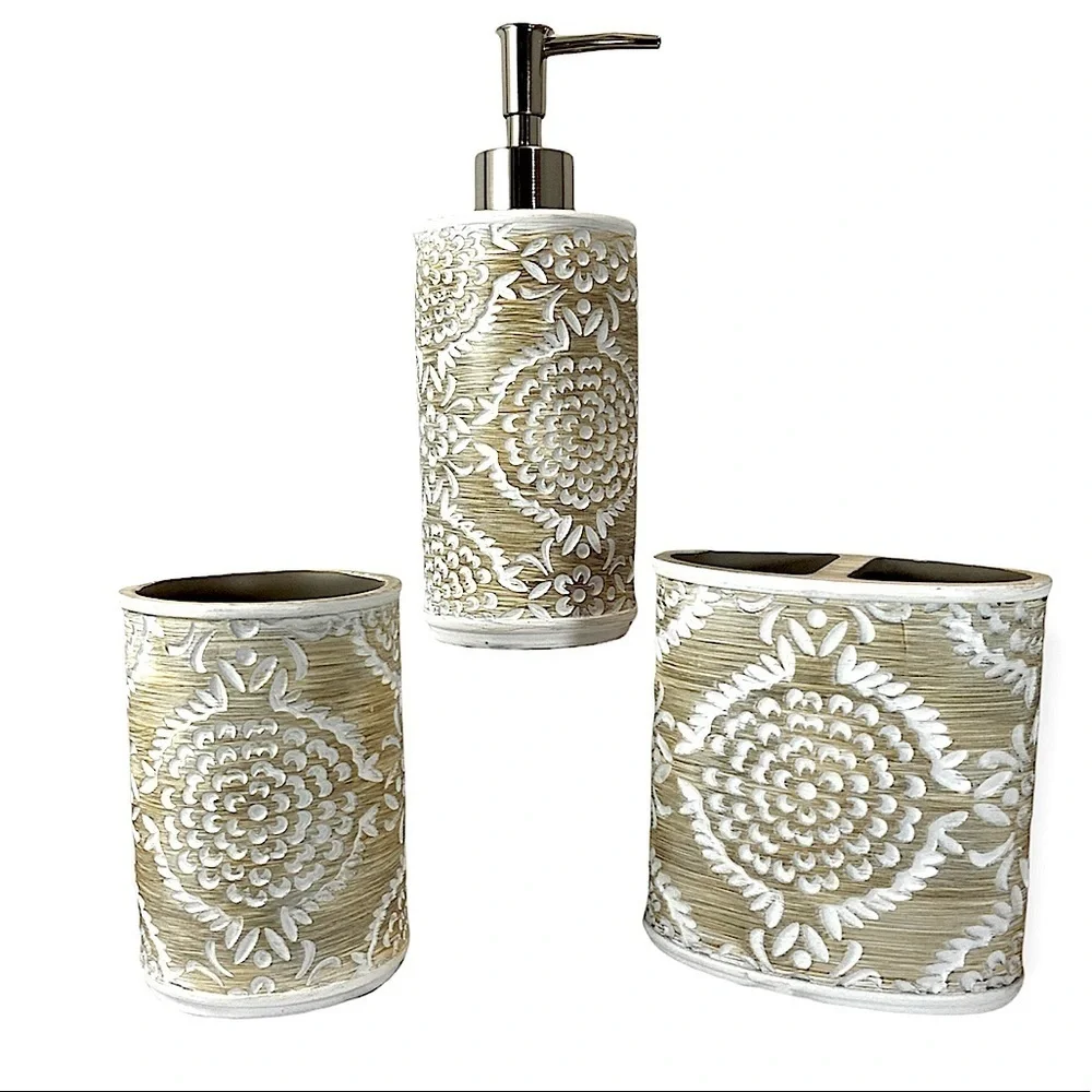 Elite Khaki 3 Piece Bathroom Vanity Accessory Set Tan/Beige White